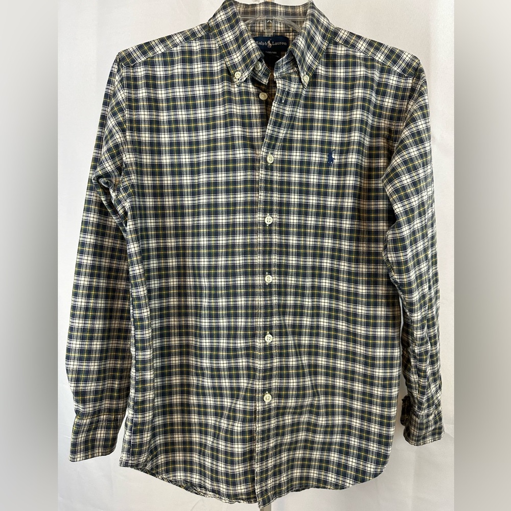 Ralph Lauren boys Large (16/18) long sleeve, plaid green and blue signature pony